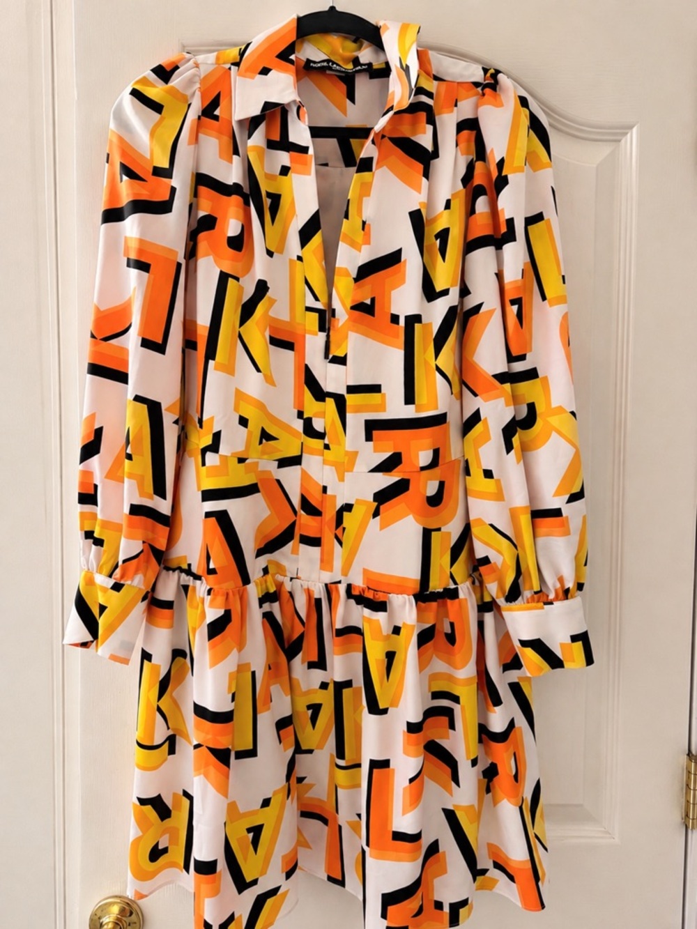 Karl Lagerfeld White Long-Sleeve Letter-Print Shirt Dress in Orange & Yellow